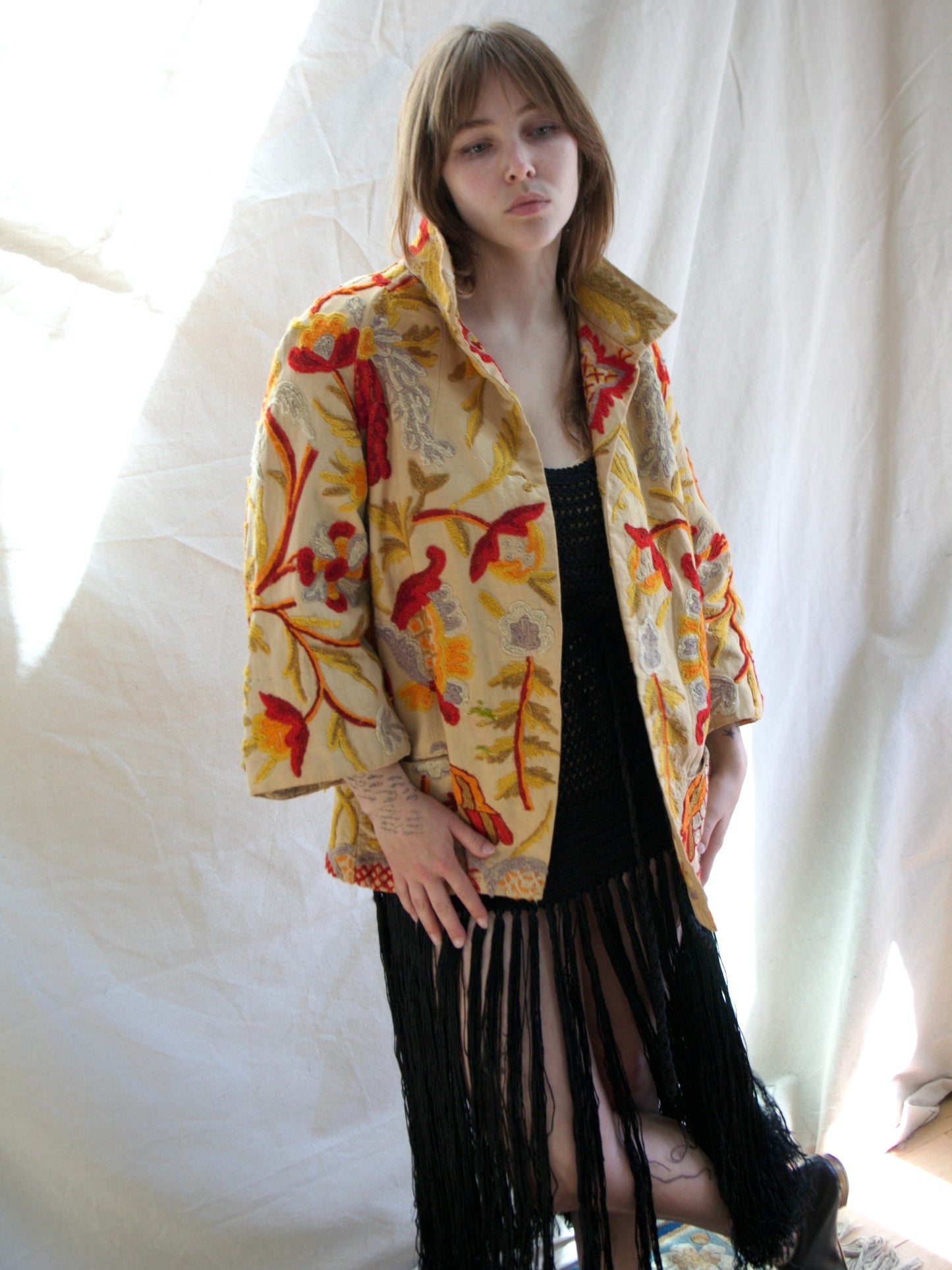 Antique 1920s/1930s Crewelwork Linen Jacket  Handmade in India