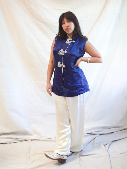 1940s Cobalt & Ivory Silk Two PC Loungewear Blouse Pant Set