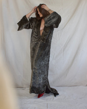 Rare Antique Late 1910s Geometric Printed Silk Velvet Trained Column Gown