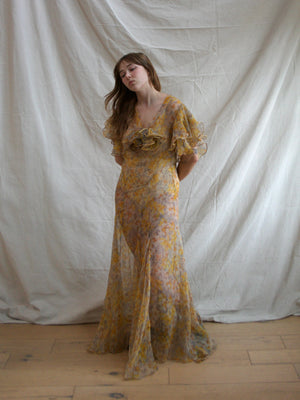 1930s Silk Chiffon Autumnal Flutter Sleeve Deco Bias Cut Gown