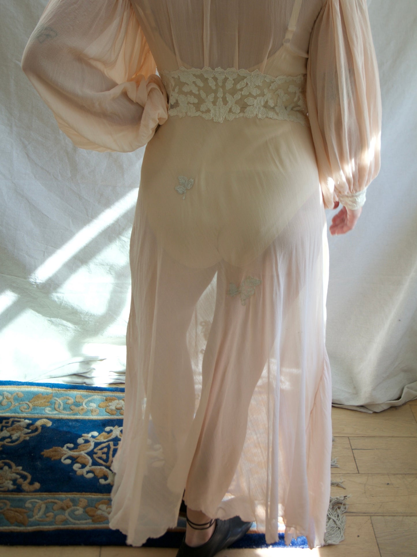 Special 1930s Hand Stitched Bishop Sleeve Chiffon Appliqué Bias Cut Gown