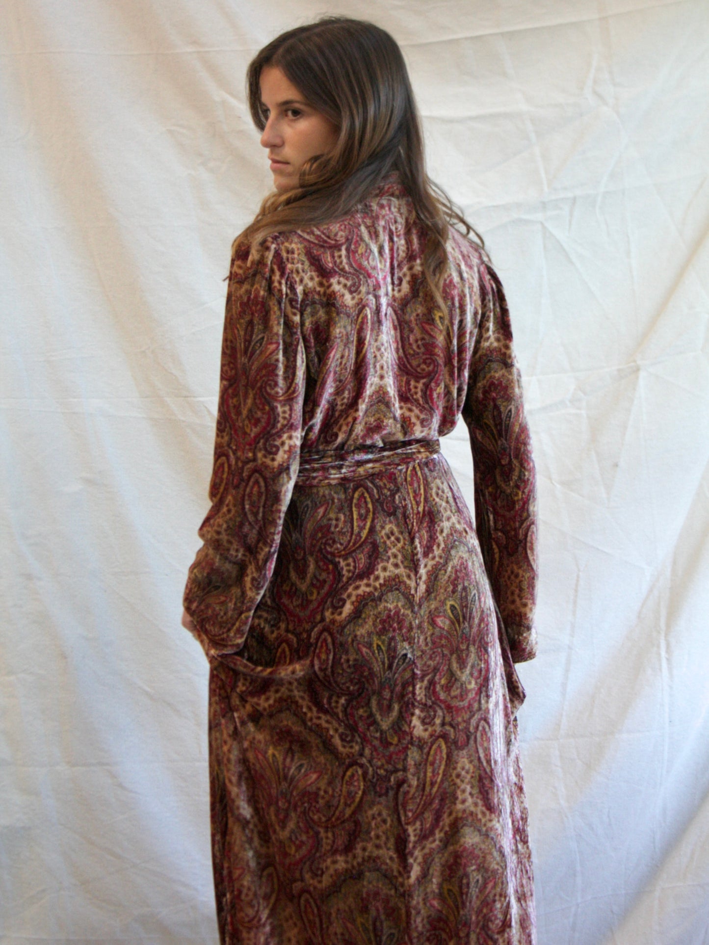 1930s Zip Front Paisley Silk Velvet Bell Sleeve Dressing Gown