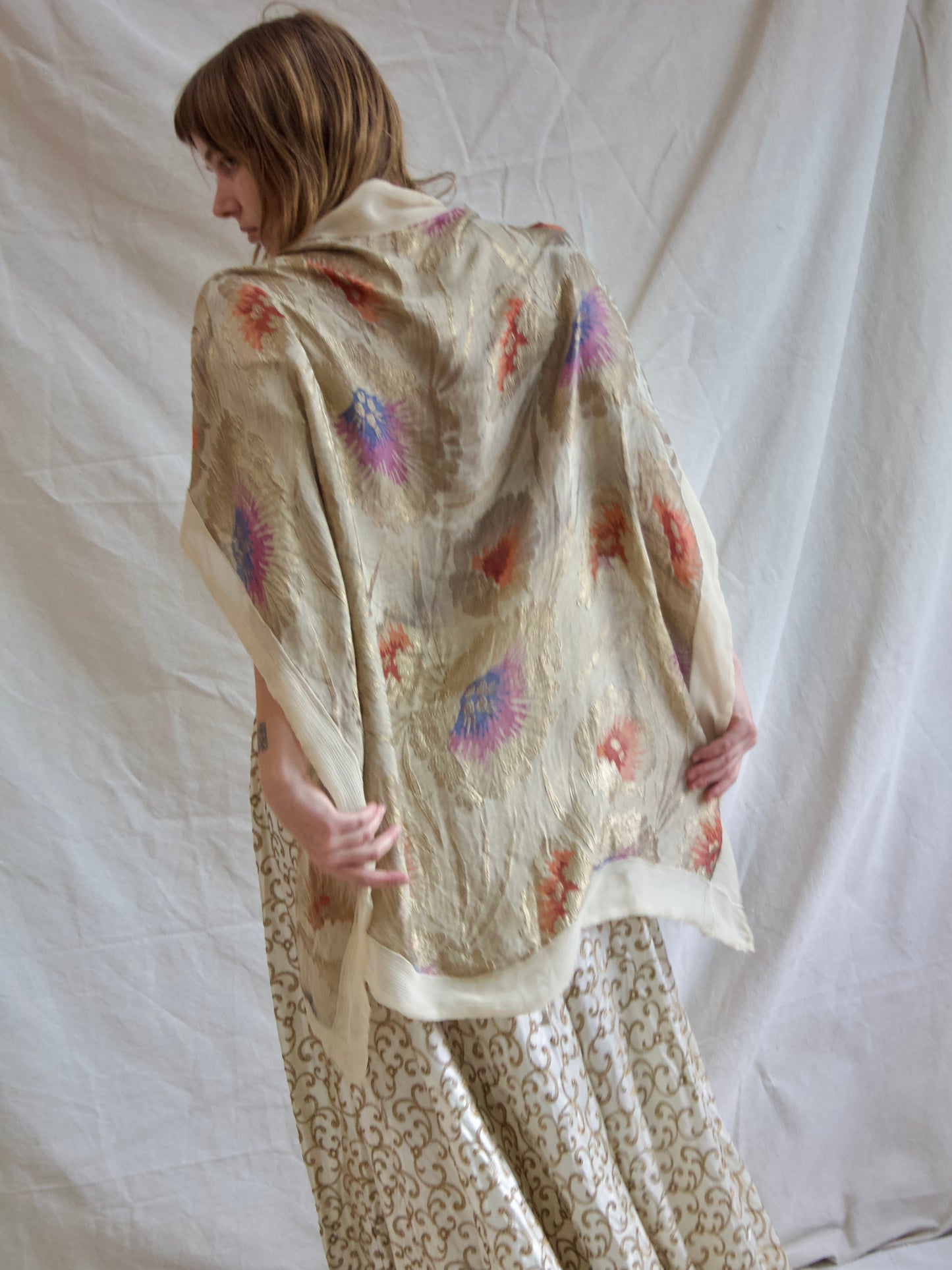1930s Floral Lamé Chiffon Shawl W* Shoulder Straps