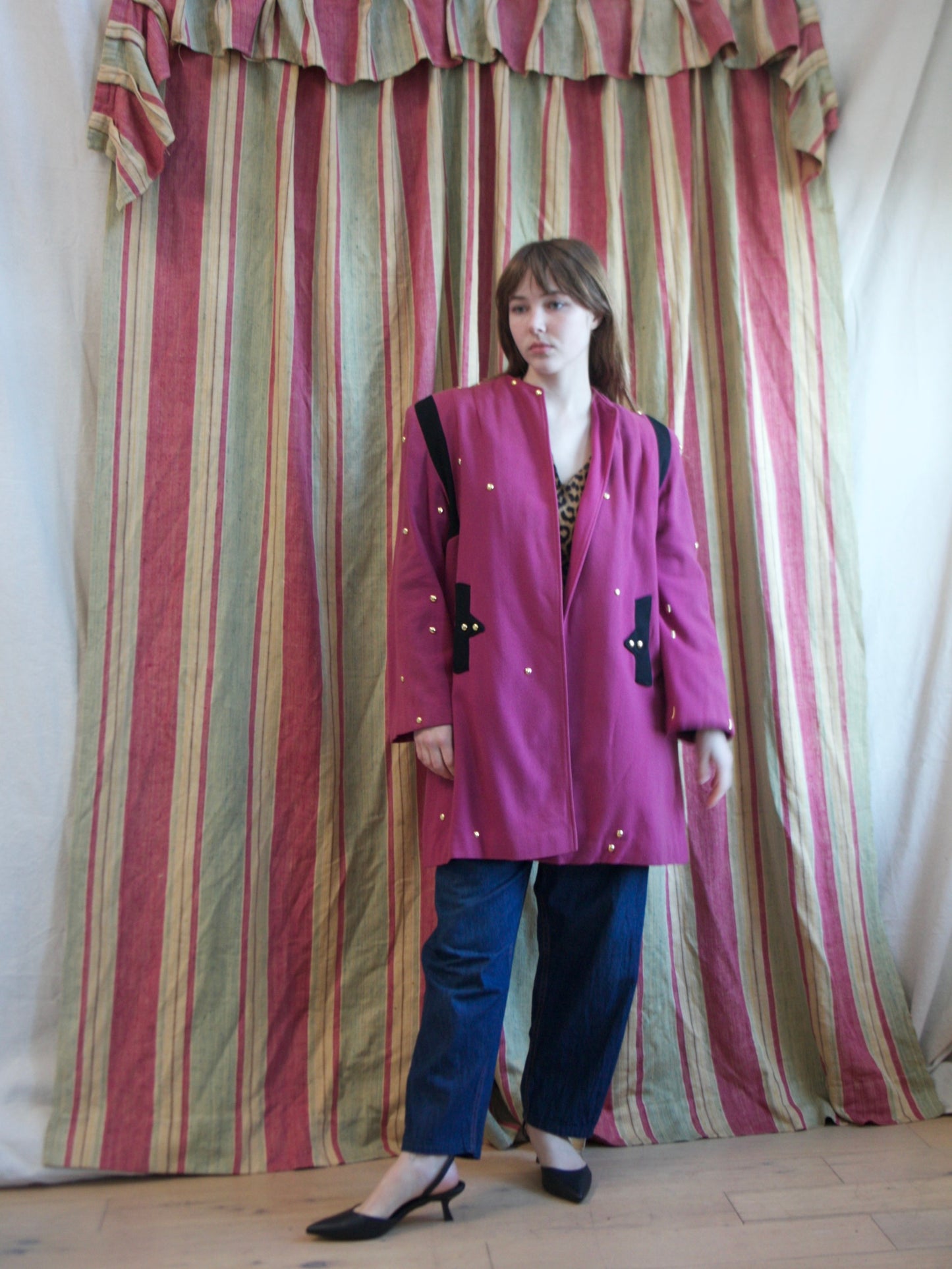 1940s Color Block Strong Shoulder Studded Swing Coat