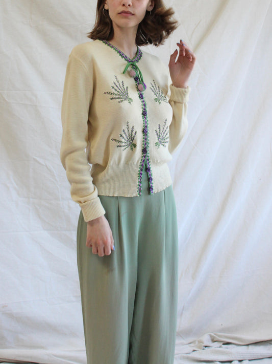 1940s ‘Burnawn Made in Scotland’ Lavender Embroidered Wool Tie Neck Cardigan