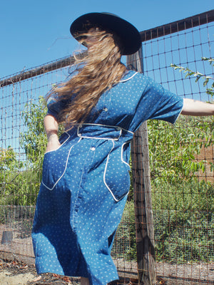 1920s Indigo Calico Belted Workwear Dress