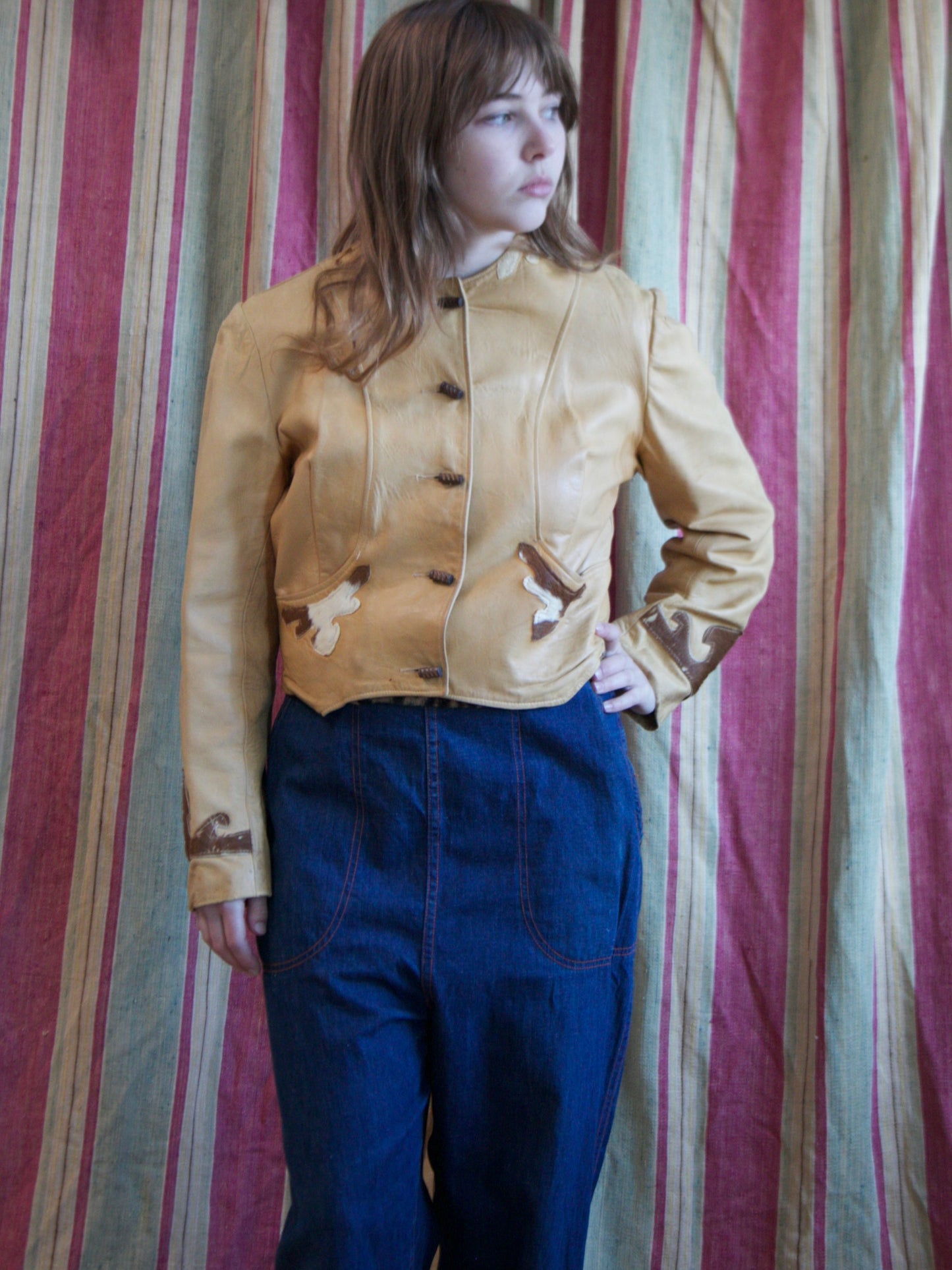 1940s Western Cognac Leather Pony Hair Yoke Jacket