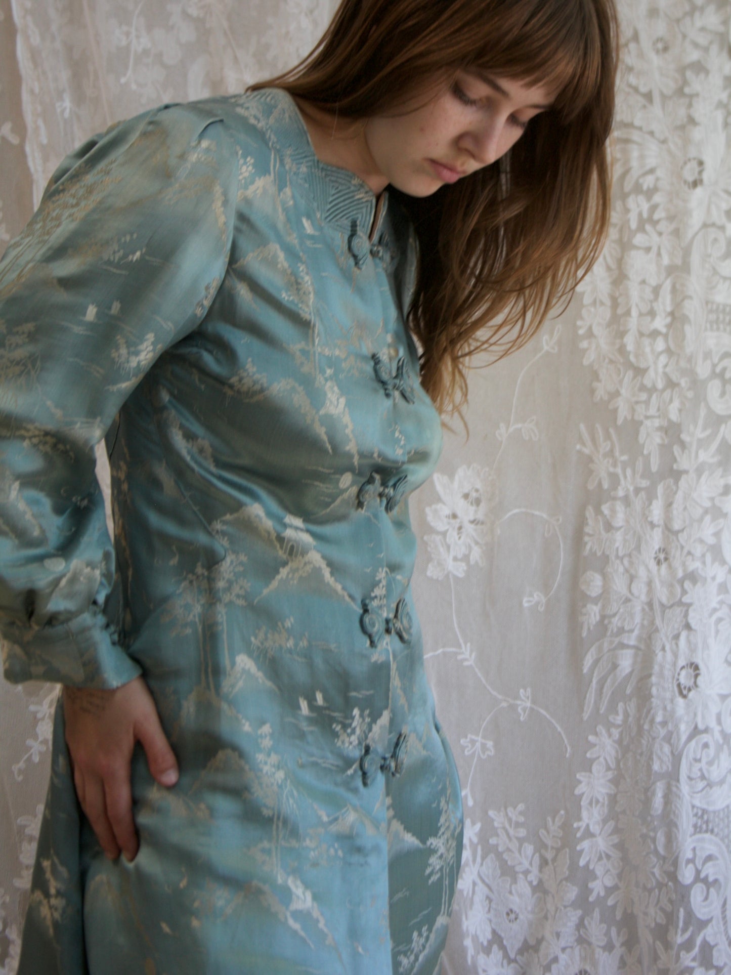 1930s Cornflower Blue Silk Jacquard 2 PC Palazzo Pant Tunic Set