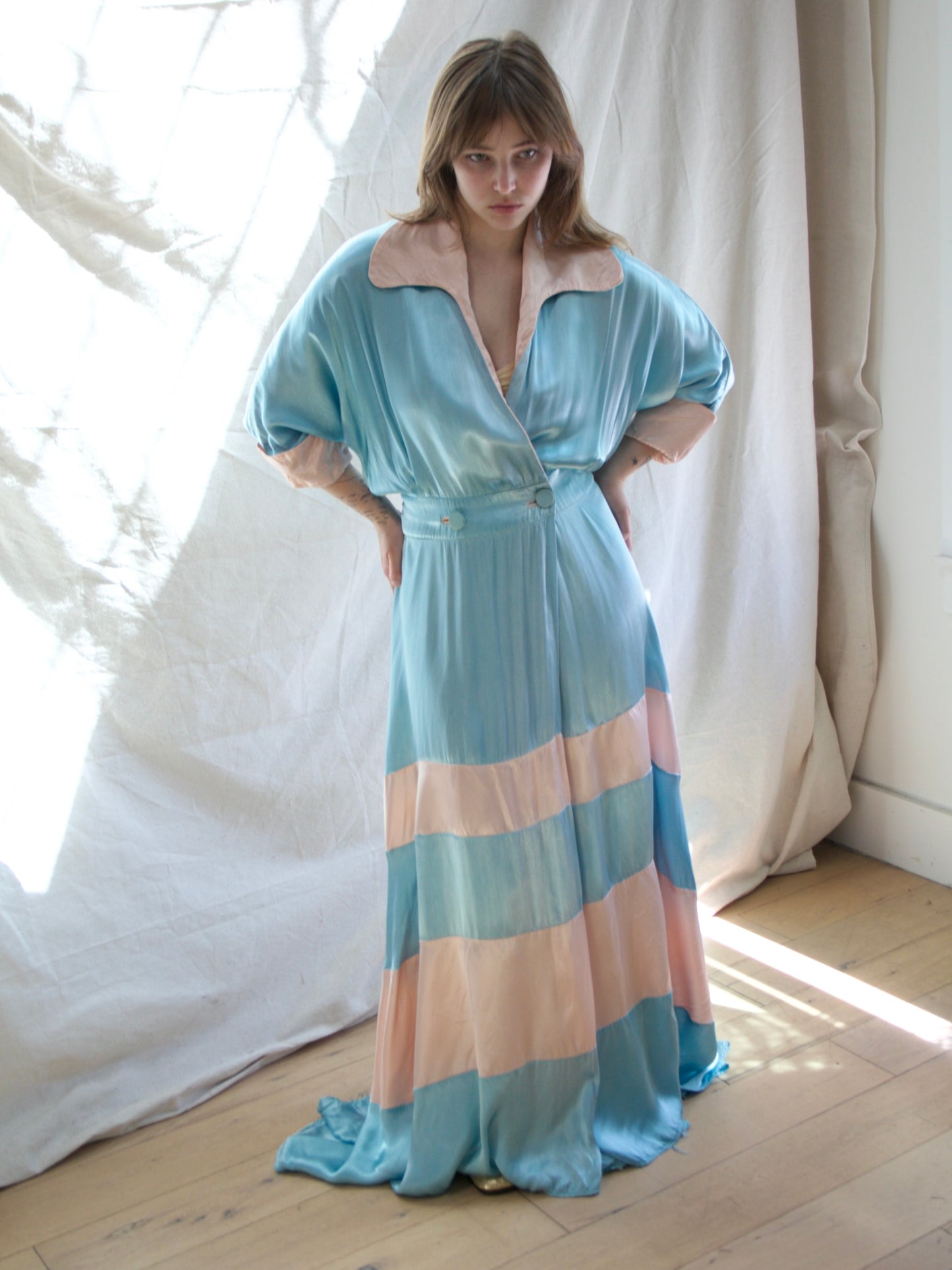 1940s Trained Candy Colored Liquid Rayon Satin Gown