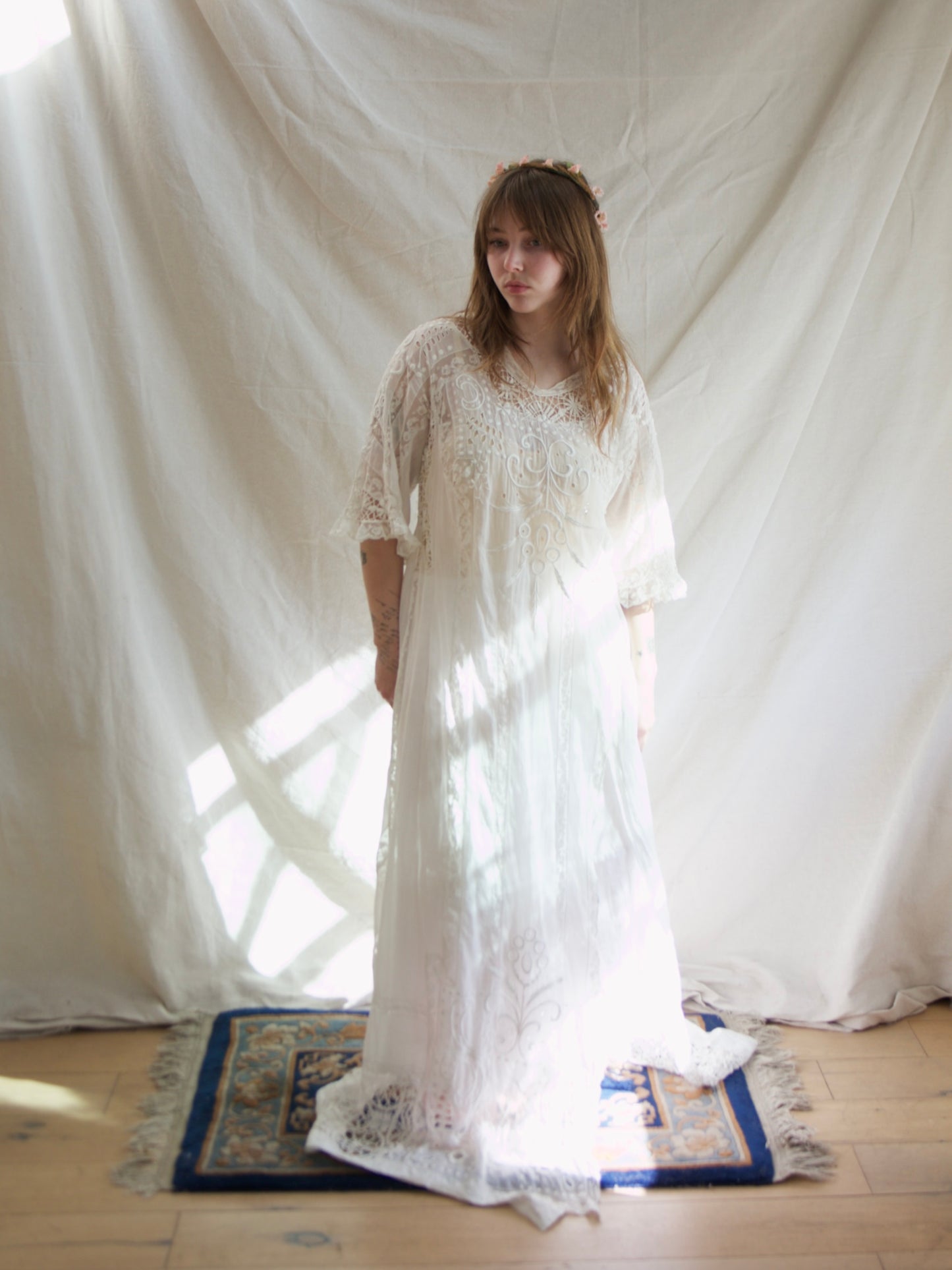Special Antique Edwardian Whitework Batiste Cotton Crochet Lace Troussea Gown