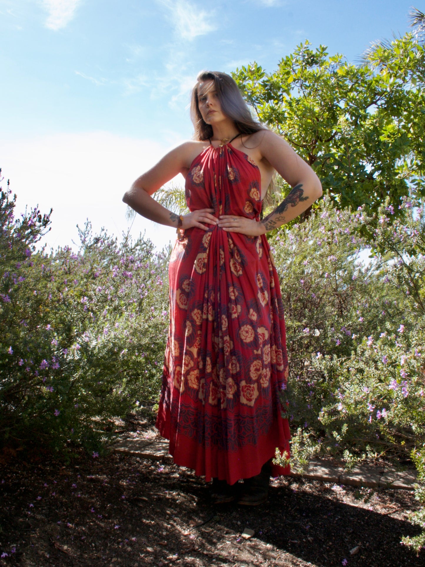 Antique Turkey Red Woven Silk Floral Print Drawstring Dress
