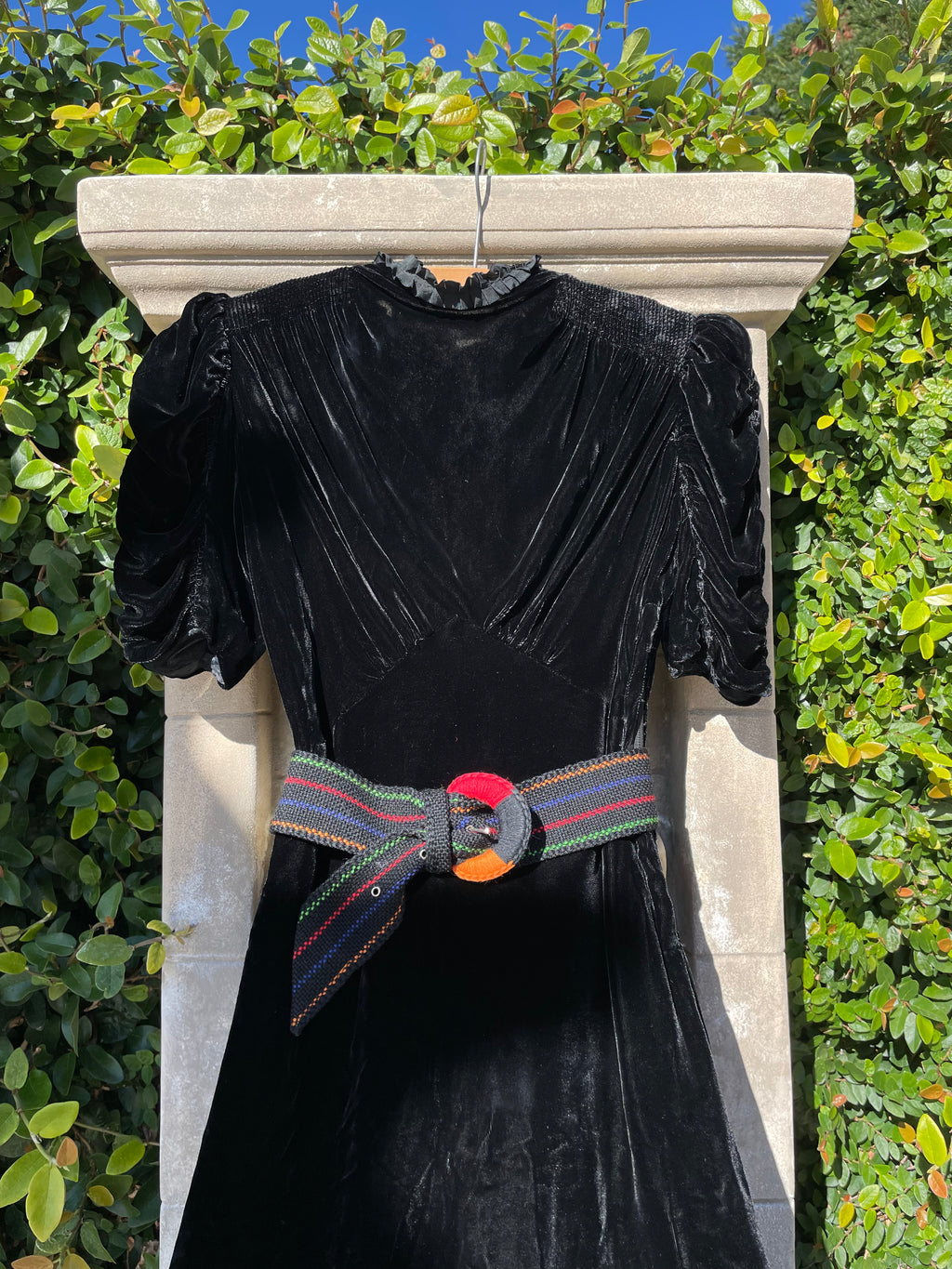 1940s Ruched Sleeve Silk Velvet Ruffle Trim Dress