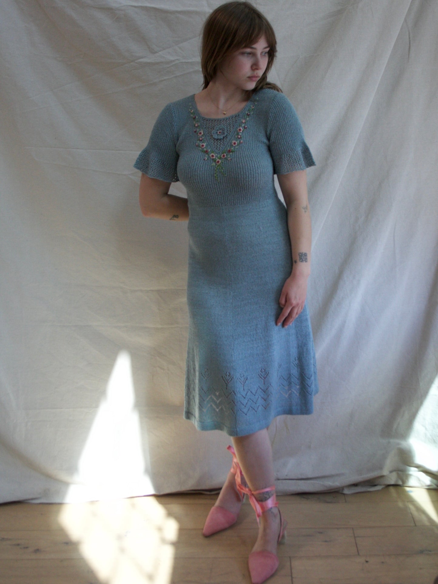 1940s Embroidered Floral  Pewter Rayon Knit Dress