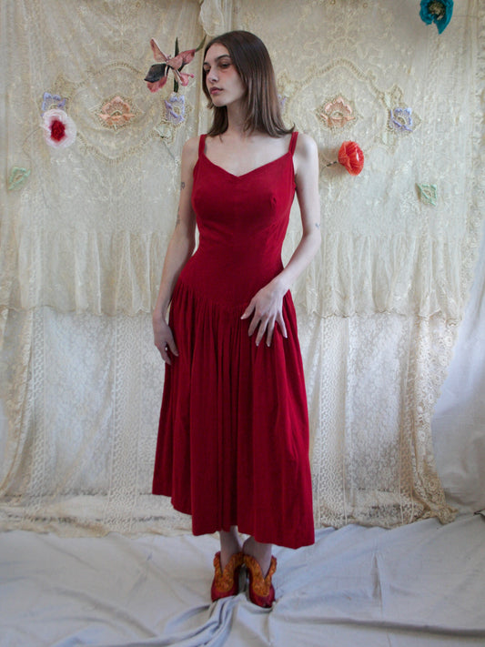 1950s Sweetheart Crimson Velveteen Basque Waist Dress
