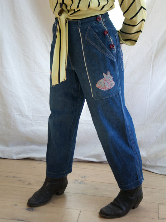 1940s/1950s Western Motif Embroidered 'Side Button' Jeans