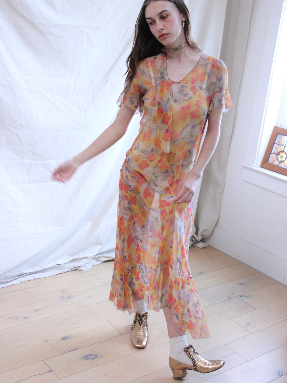 1930s Floral Chiffon Flutter Sleeve 2 PC Dress