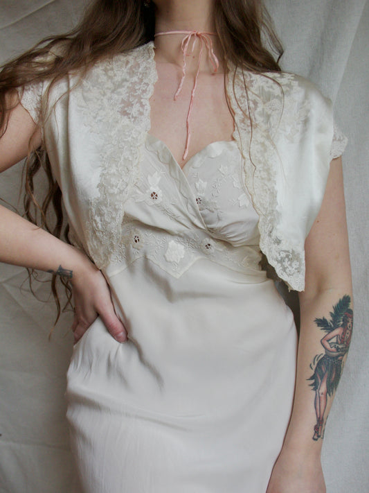 1930s Eggshell Crepe Back Satin Lace Bolero