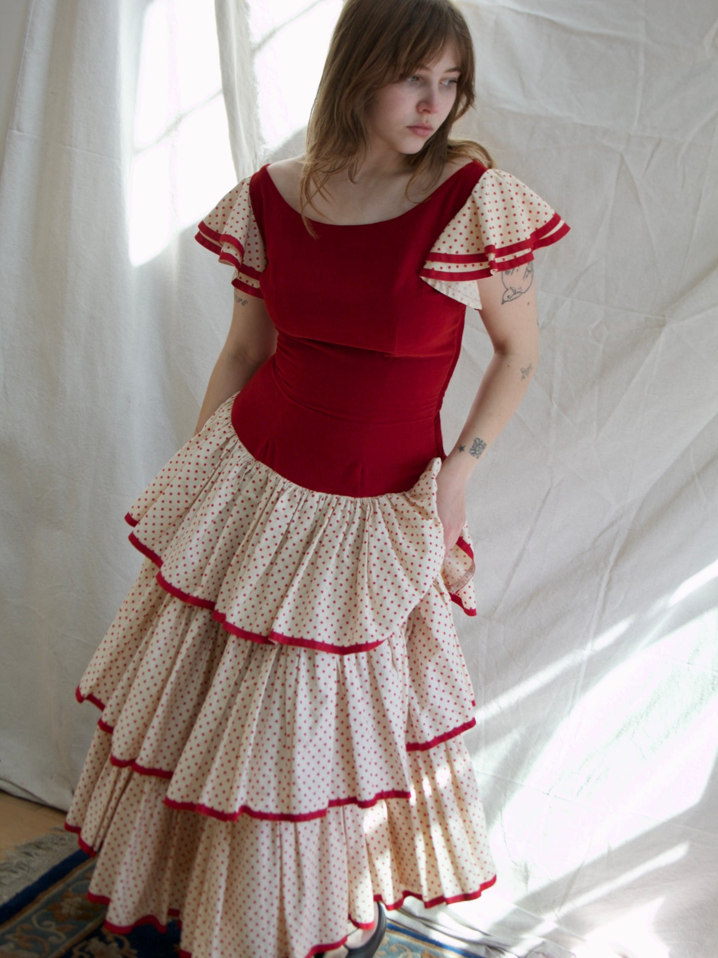 1930s Flamenco Velveteen Polka Dot Ruffle Dress