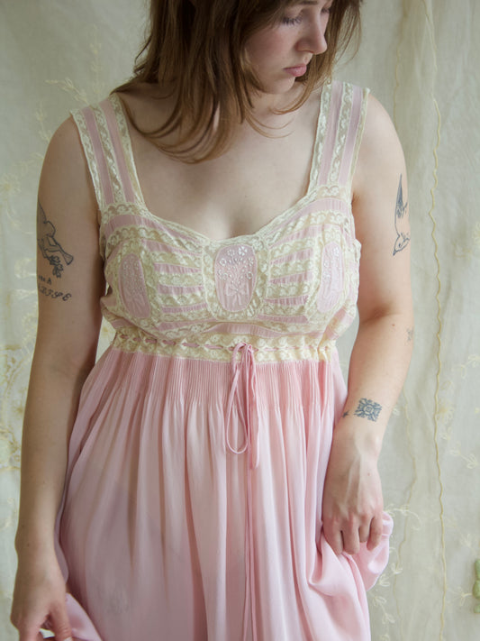 1930s Pale Silk Chiffon & Lace Hand Embroidered Slip Dress