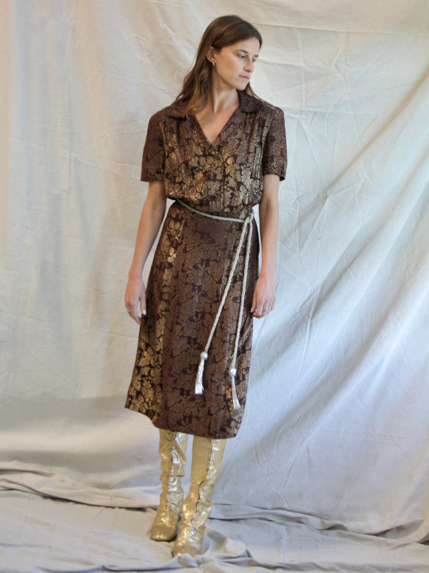 1940s Puff Sleeve Chocolate & Gold Lamé Dress