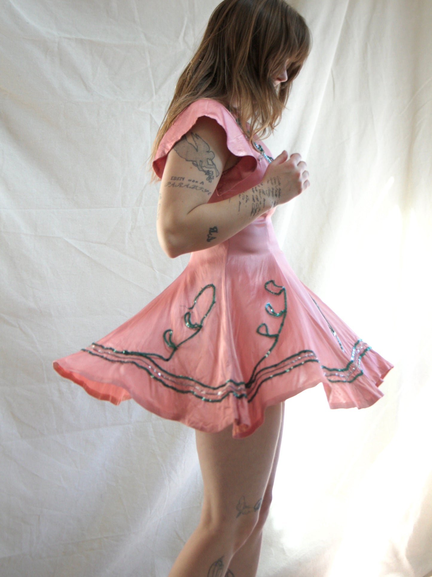 Custom Made 1950s Embellished Silk Satin Skater Style 2 PC Dress Set