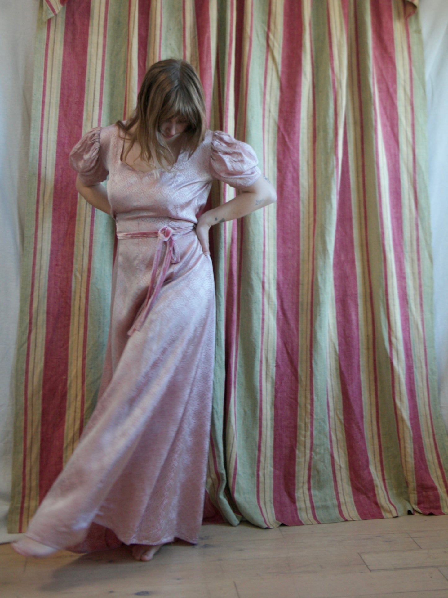 1940s Puff Sleeve Printed Rayon Satin Belted Dress