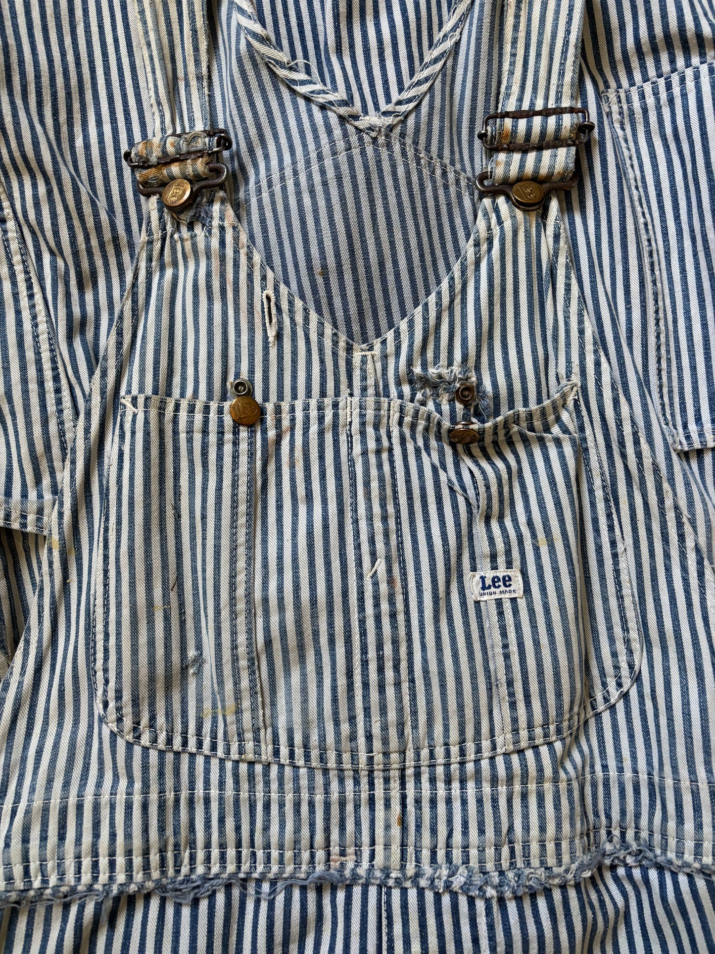 1940s Lee Faded Hickory Stripe Carpenter Workwear Scarecrow Hem Overalls