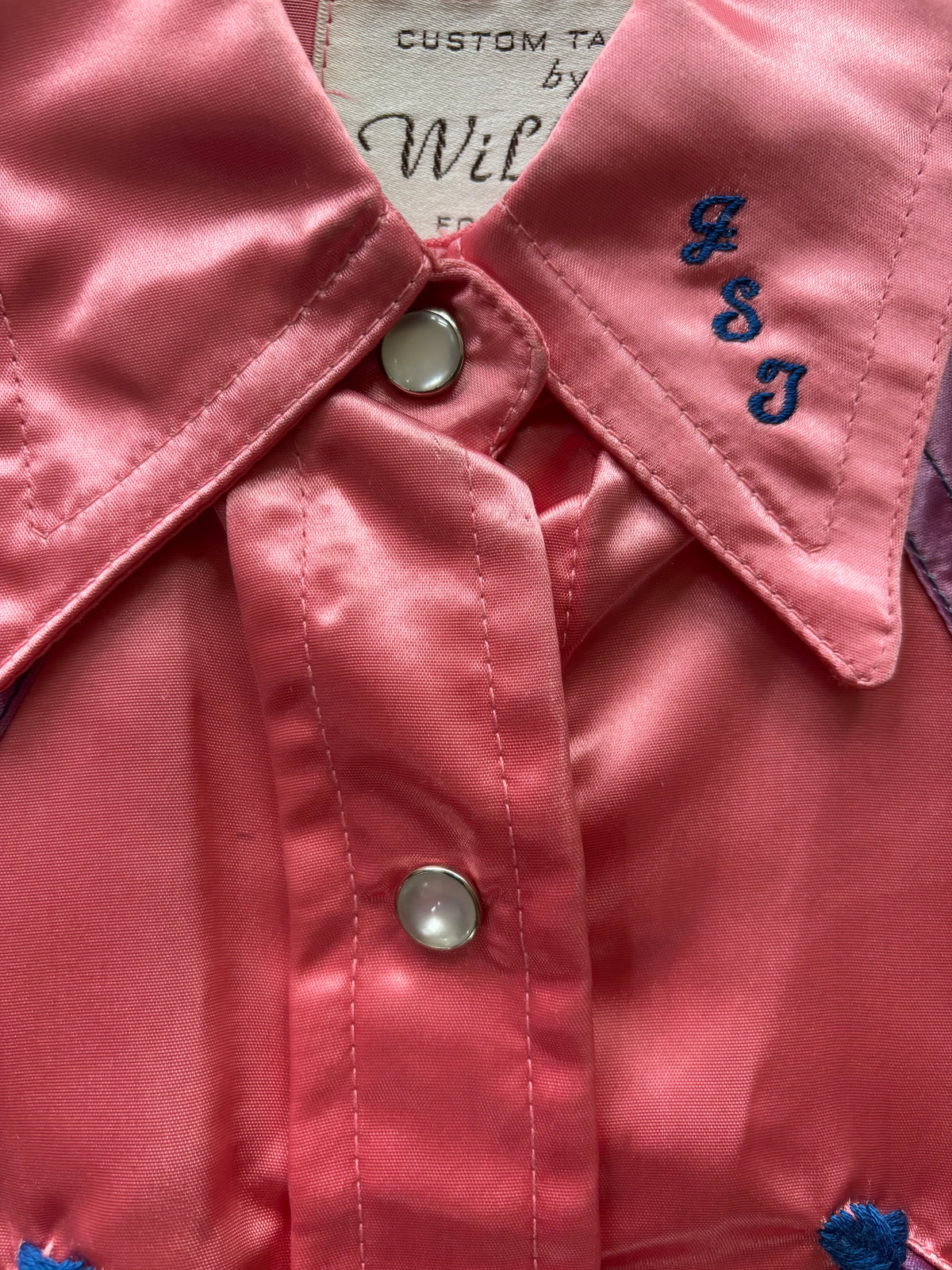1960s Day-Glo Neon Barbie Pink Satin Pearl Snap Western Shirt