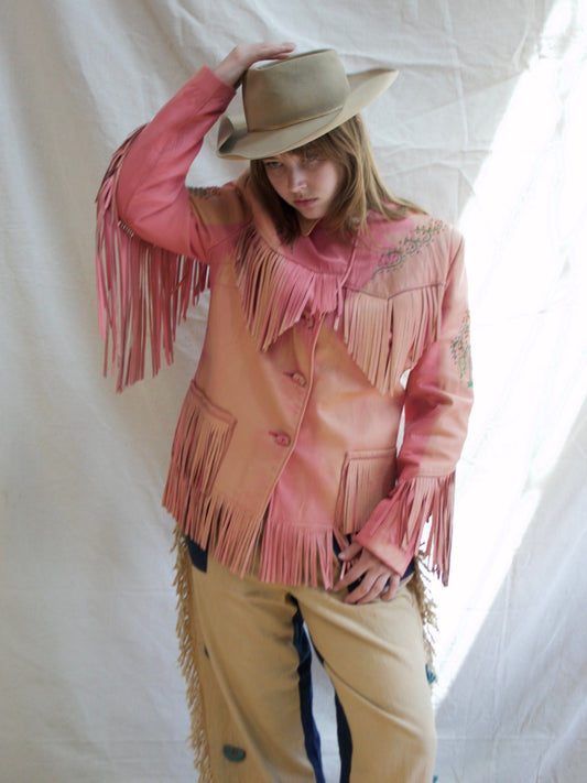 Special 1950s Sun Faded PINK Leather Fringe Western Beaded Jacket