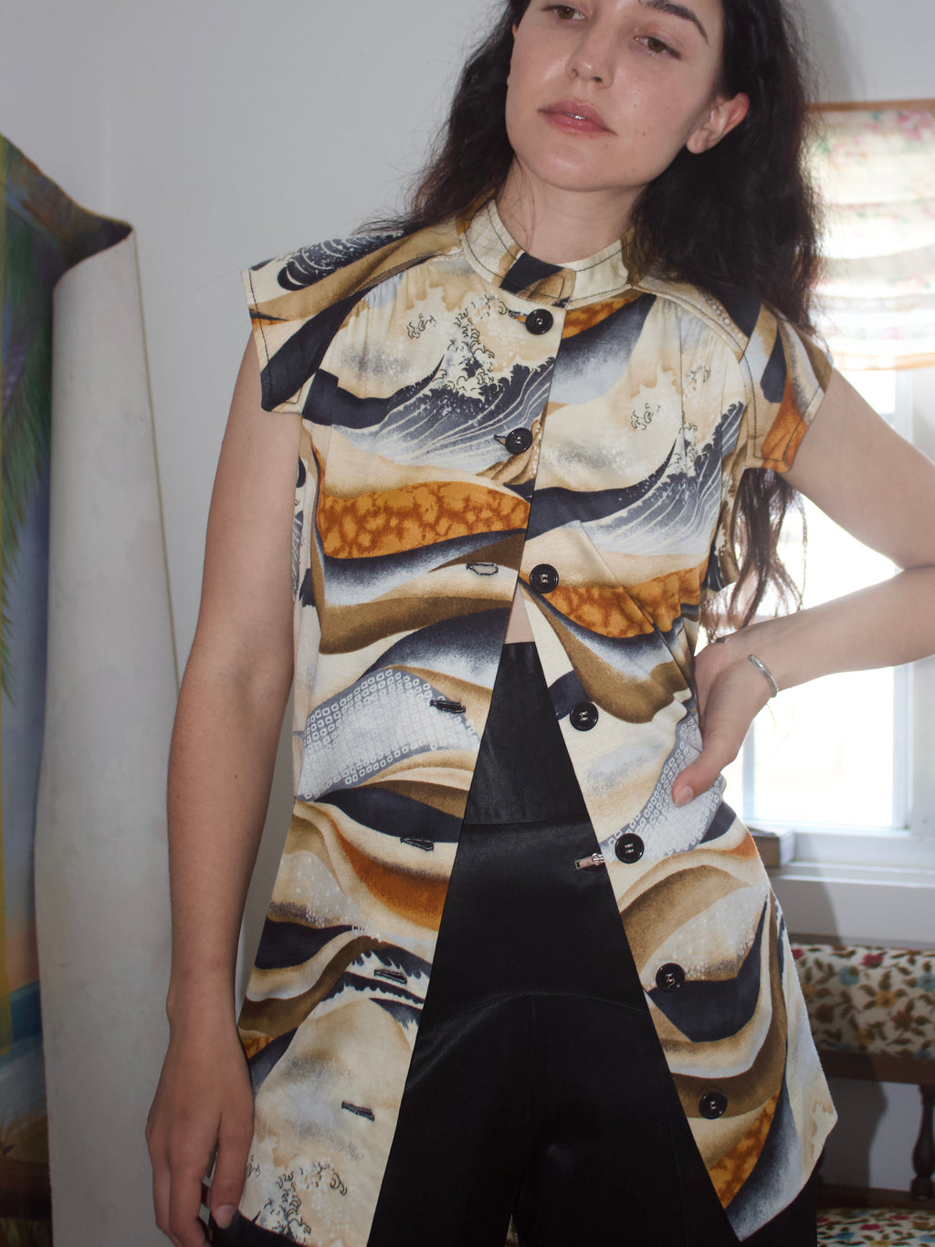 1960s Japanese Print Knit Jersey Mandarin Collar Tunic Blouse