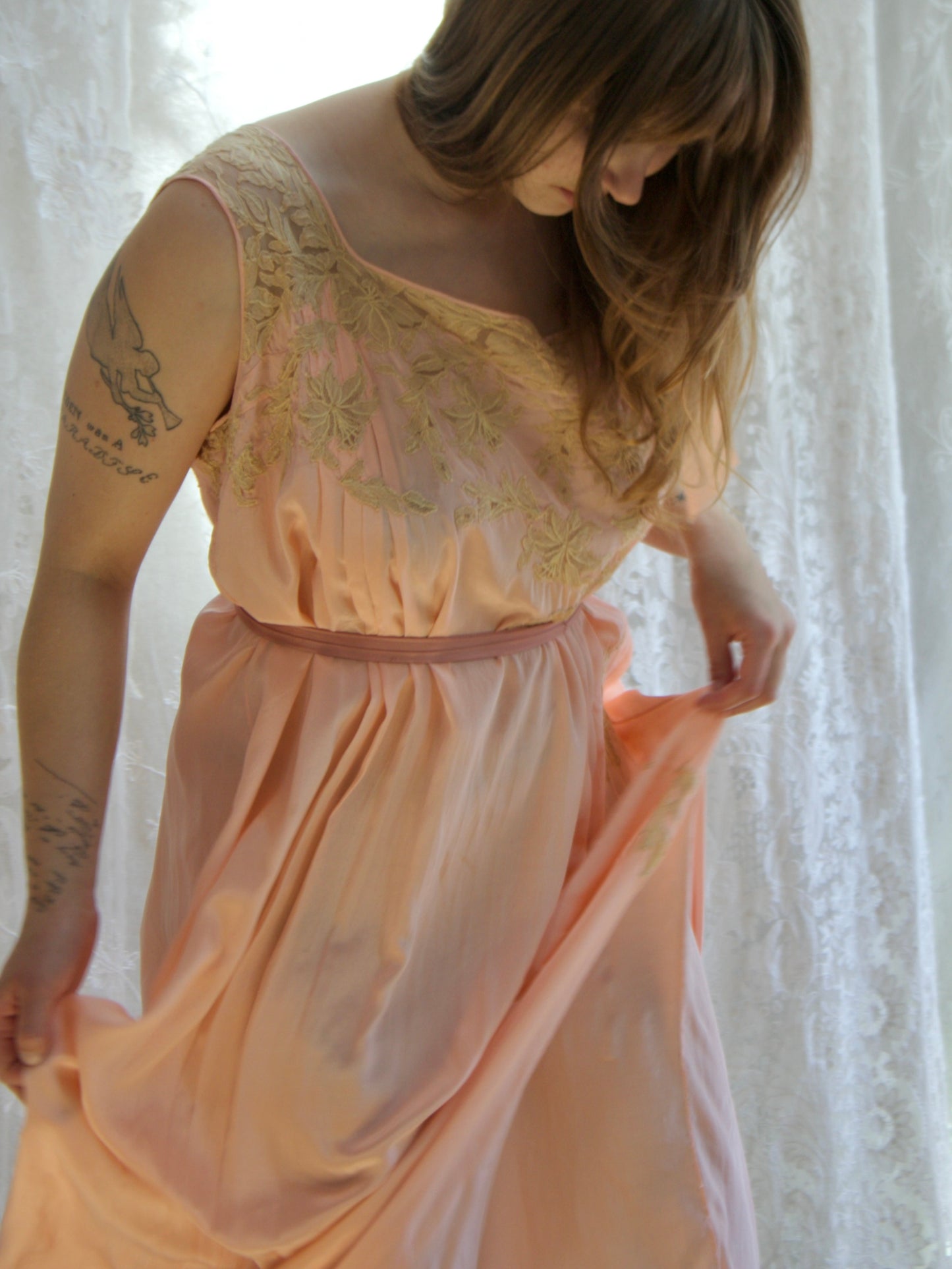 Antique 1920s Inset Ecru Lace Silk Asymmetrical Tie Shoulder Lingerie Gown