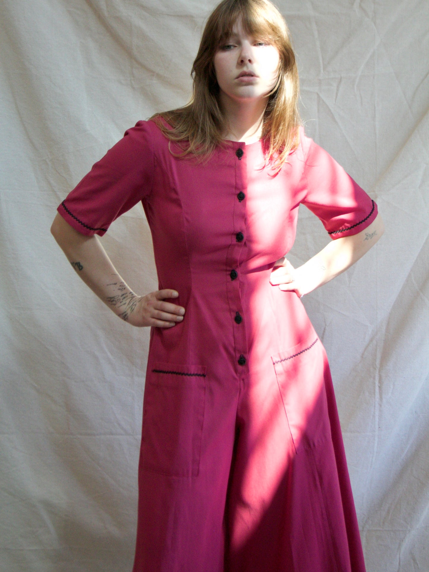 1940s Magenta Palazzo Pant Button Front Jumpsuit