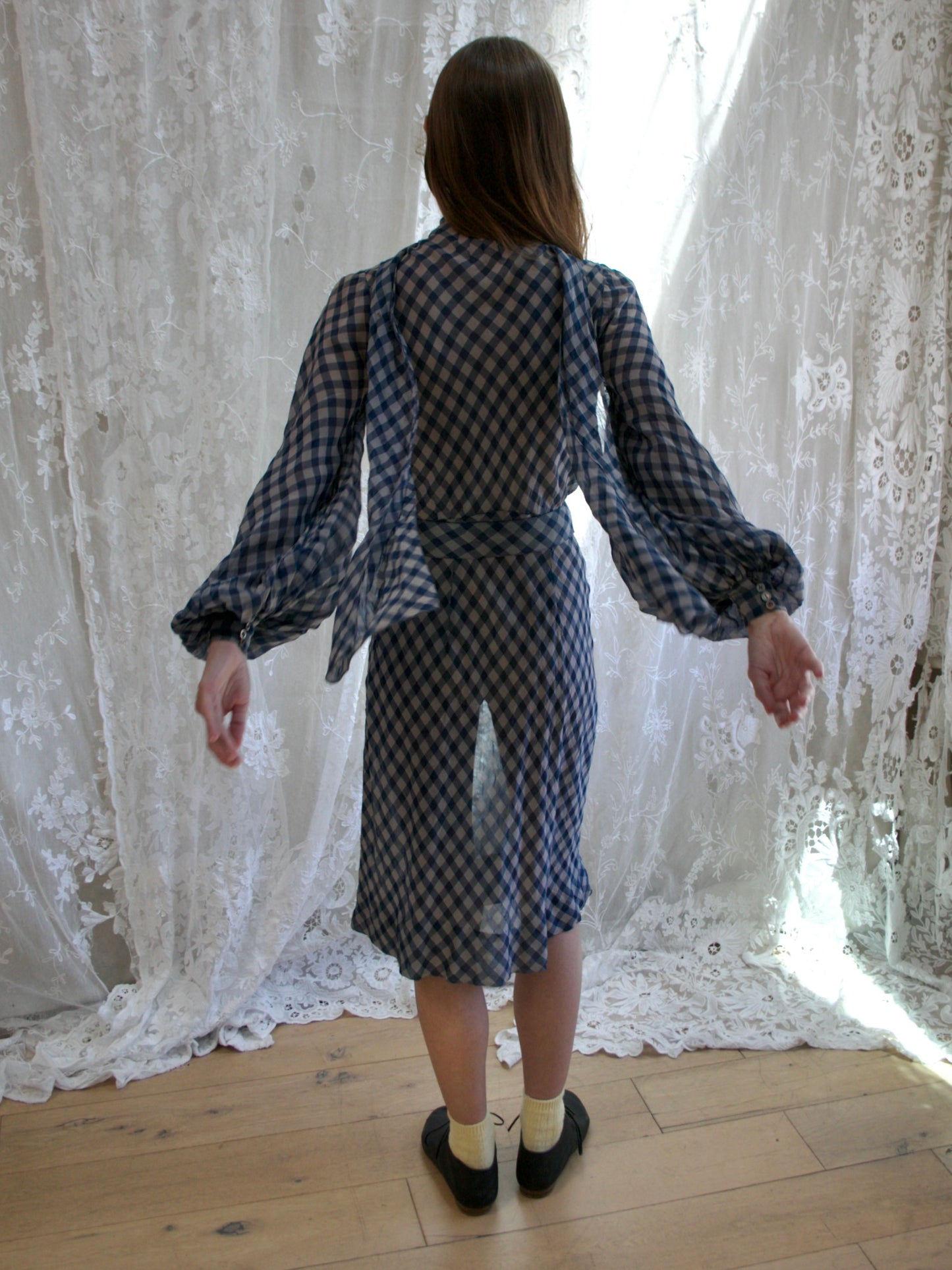 1930s Windowpane Balloon Sleeve Crepe Chiffon Tie Neck Dress