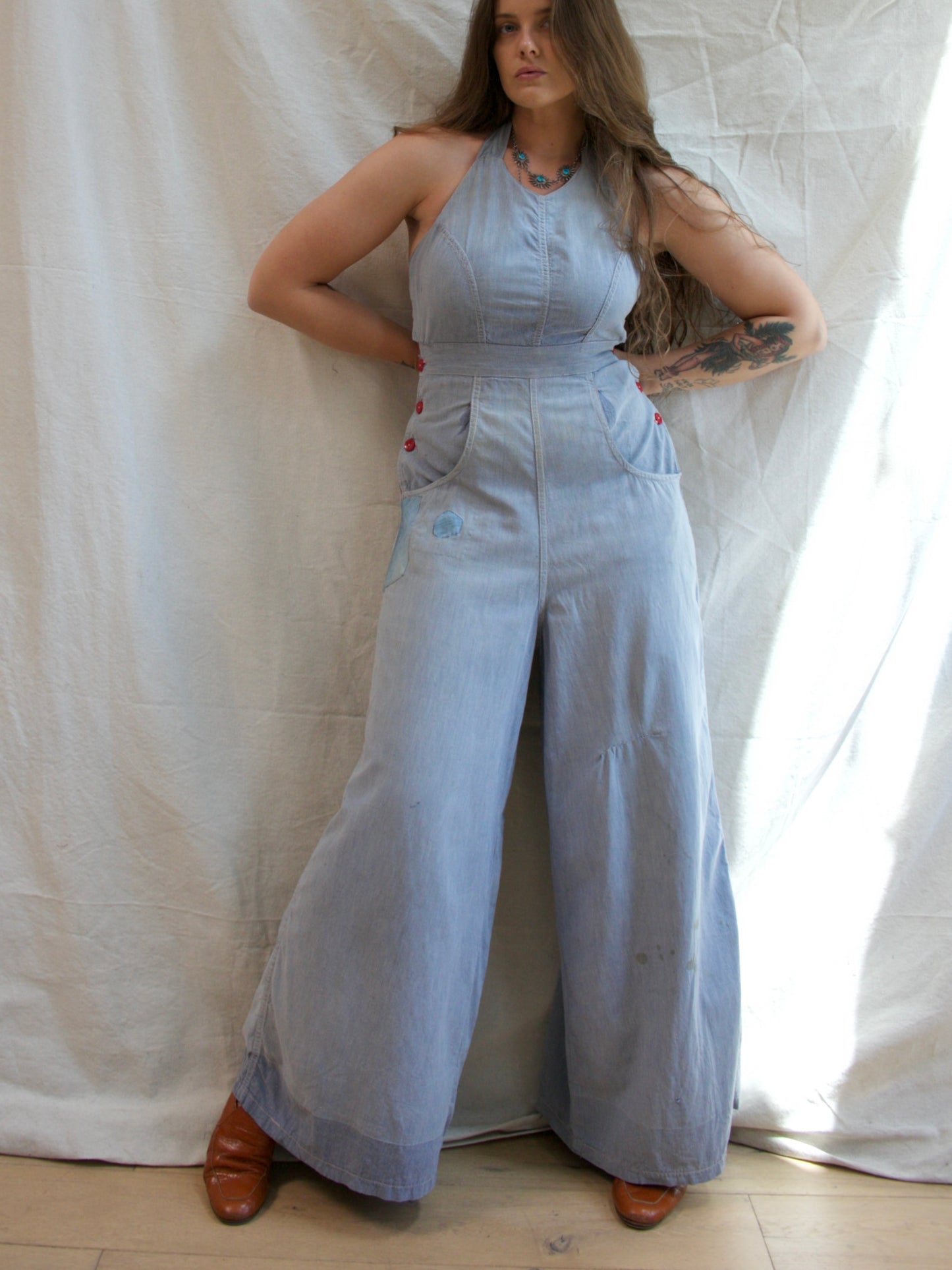 Special 1930s 'Trailer-alls' Chambray Halter Sportswear Double Side Button Overalls