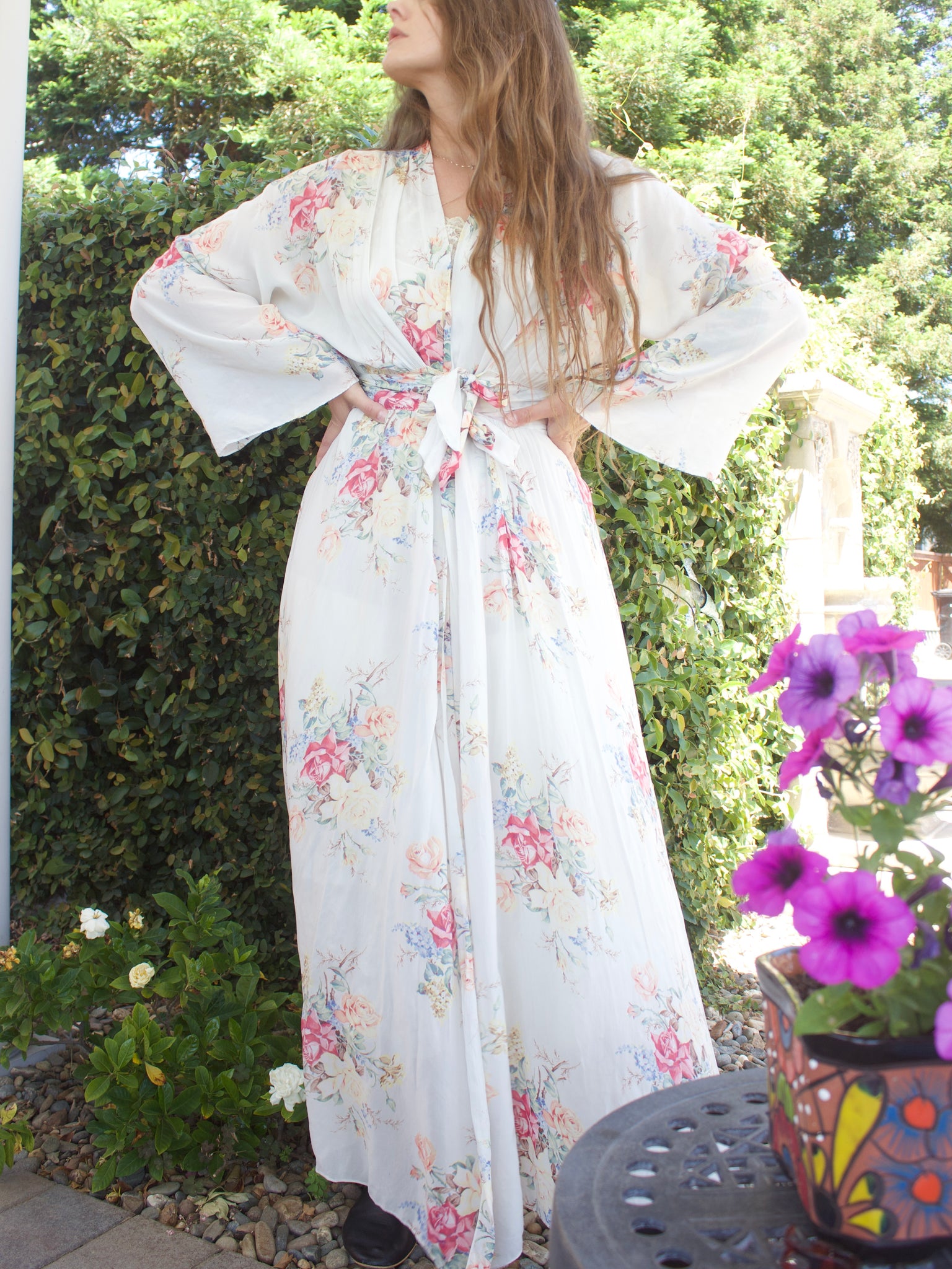 1940s Bell Sleeve Rayon Chiffon Double Tie Waist Peignoir