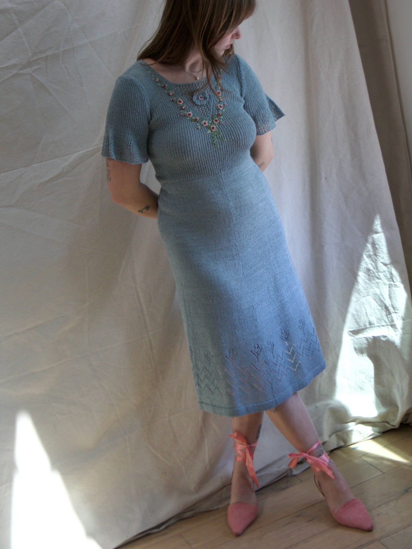 1940s Embroidered Floral  Pewter Rayon Knit Dress