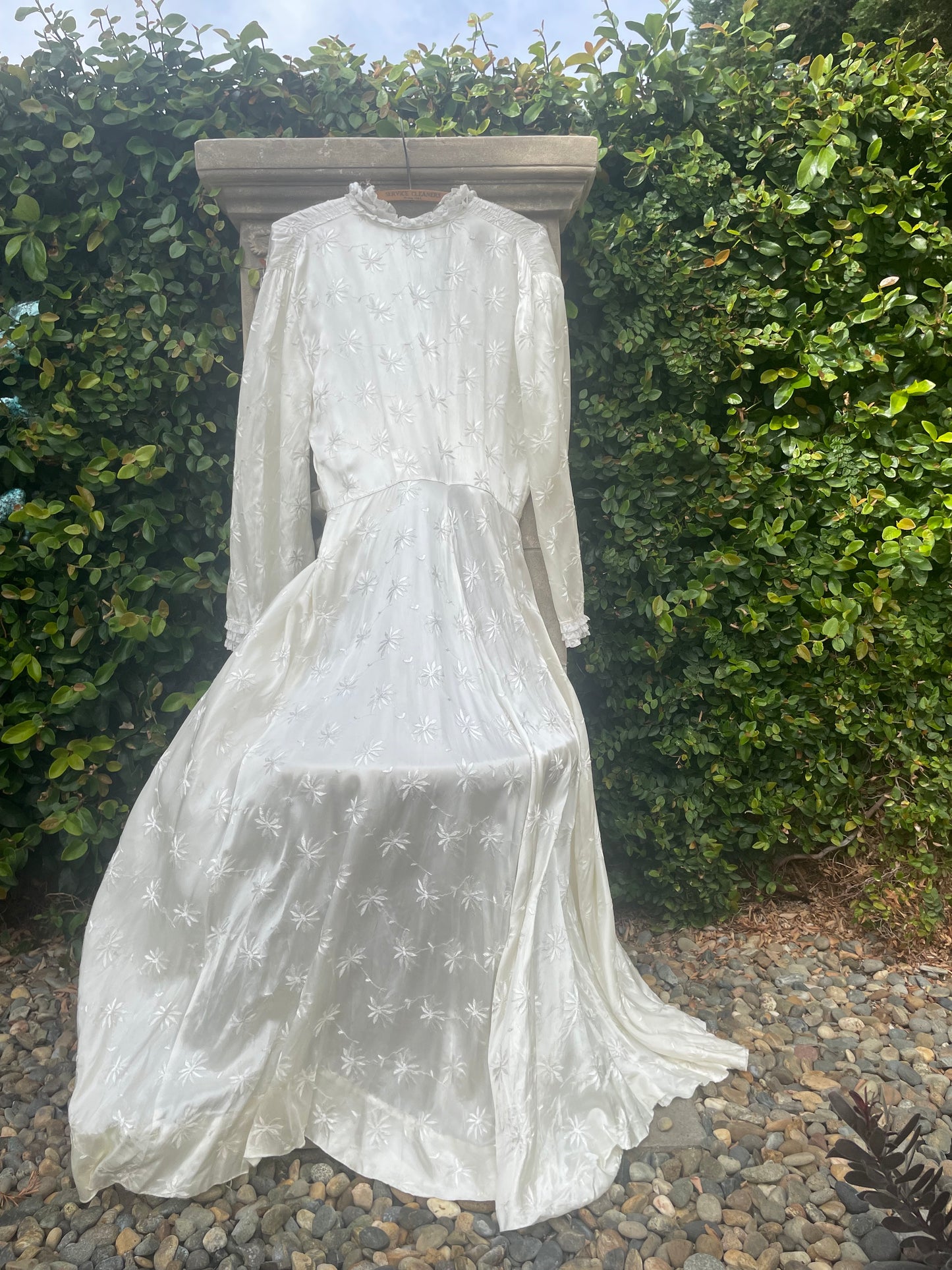 1940s Bridal Slipper Satin Bell Sleeve Embroidered Peignoir Dress