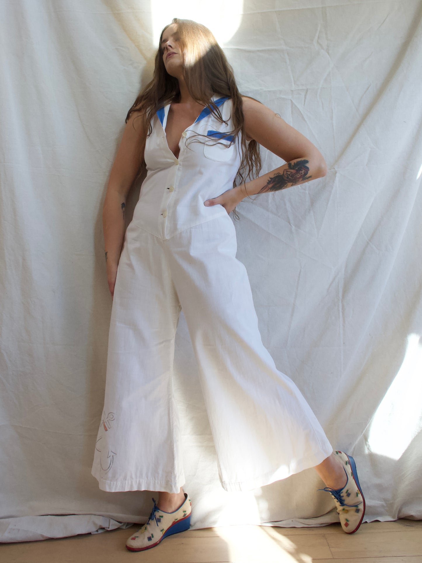 Rare 1930s Linen Hand Drawn Sailor Beach Pajamas