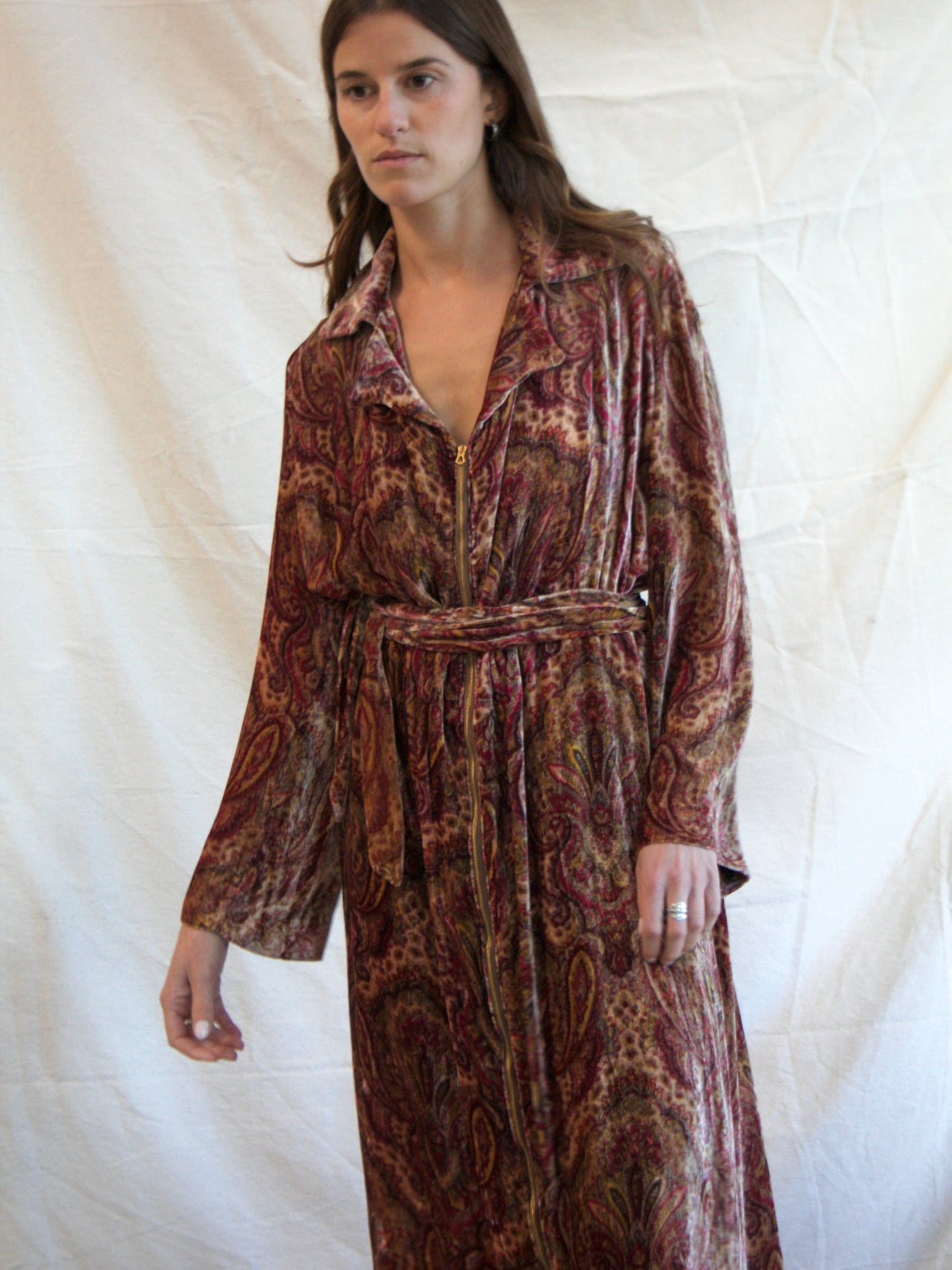 1930s Zip Front Paisley Silk Velvet Bell Sleeve Dressing Gown