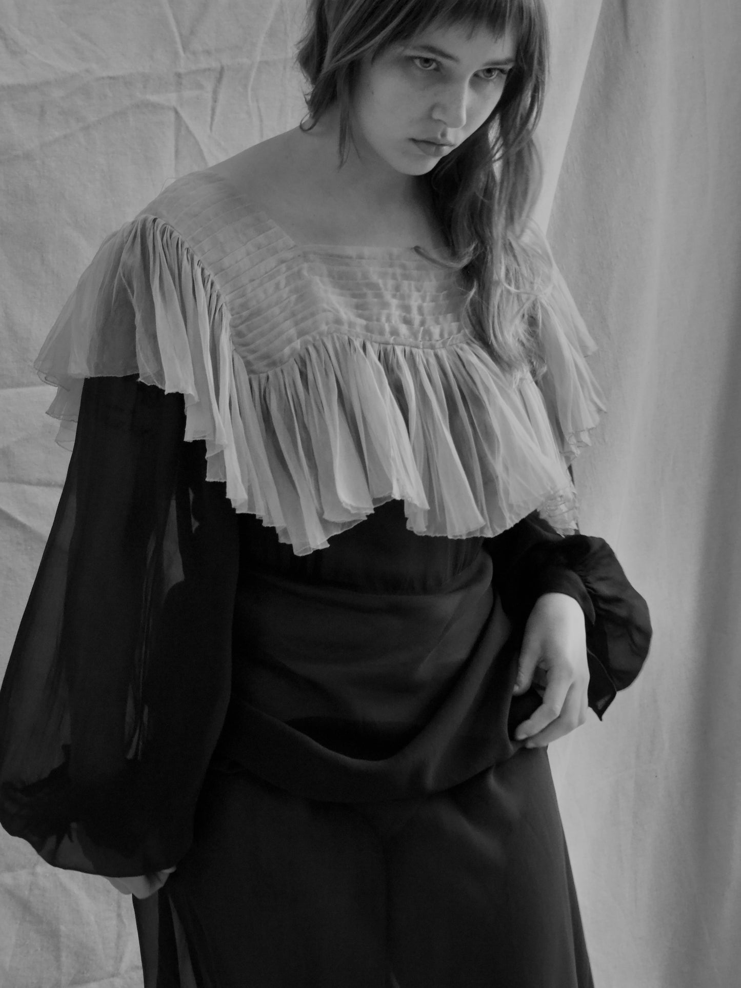 1930s Neckline Flounce Deep Navy Chiffon Bias Cut Bishop Sleeve Gown