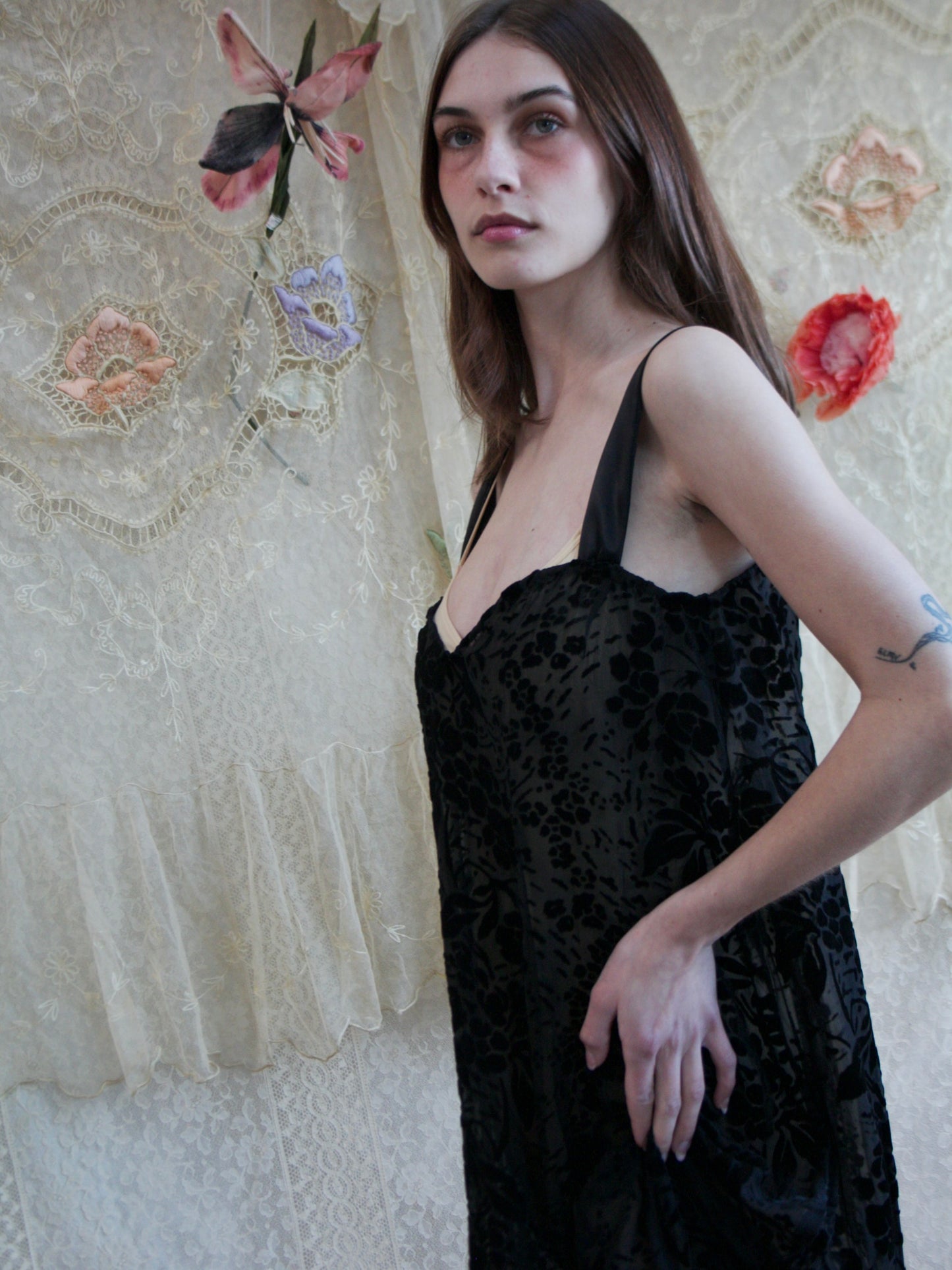 Antique 1920s Ink Devore Velvet Slip Dress
