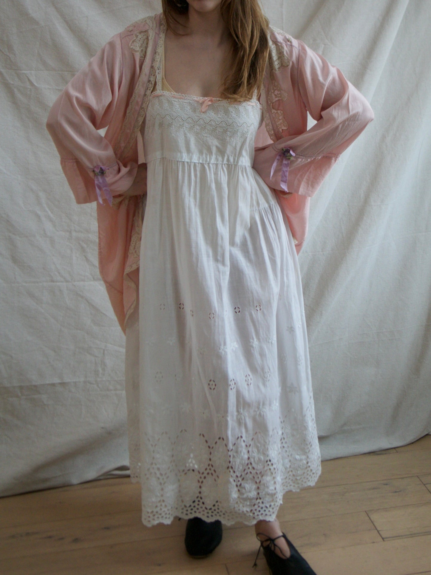 19930s Silk Crepe De Chine Inset Lace Rosette Lingerie Robe