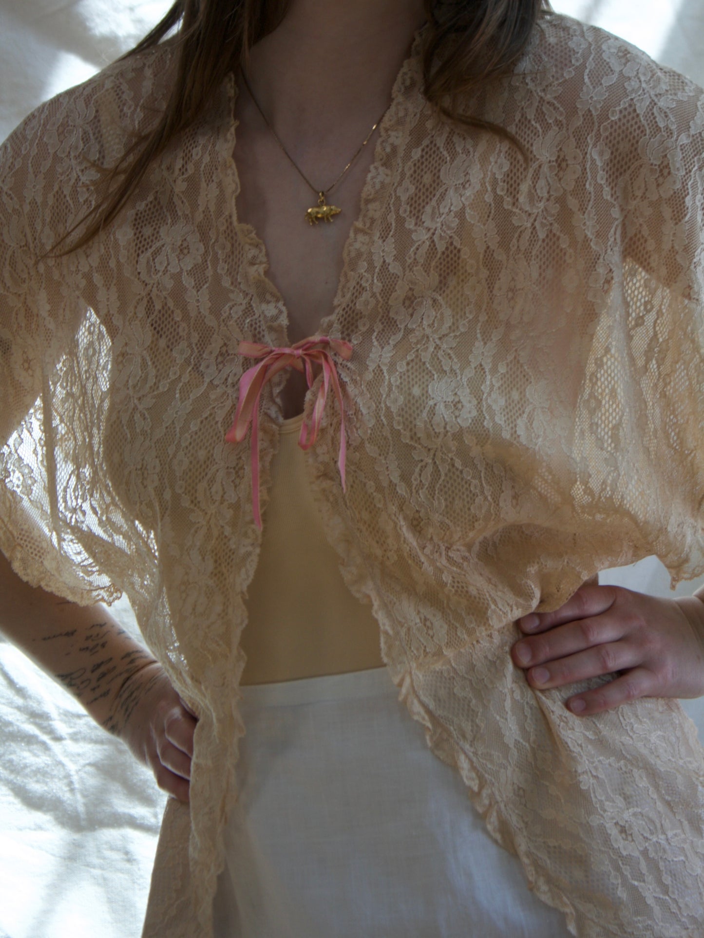 1930s Ecru Lace Ribbon Tie Bust Boudoir Jacket