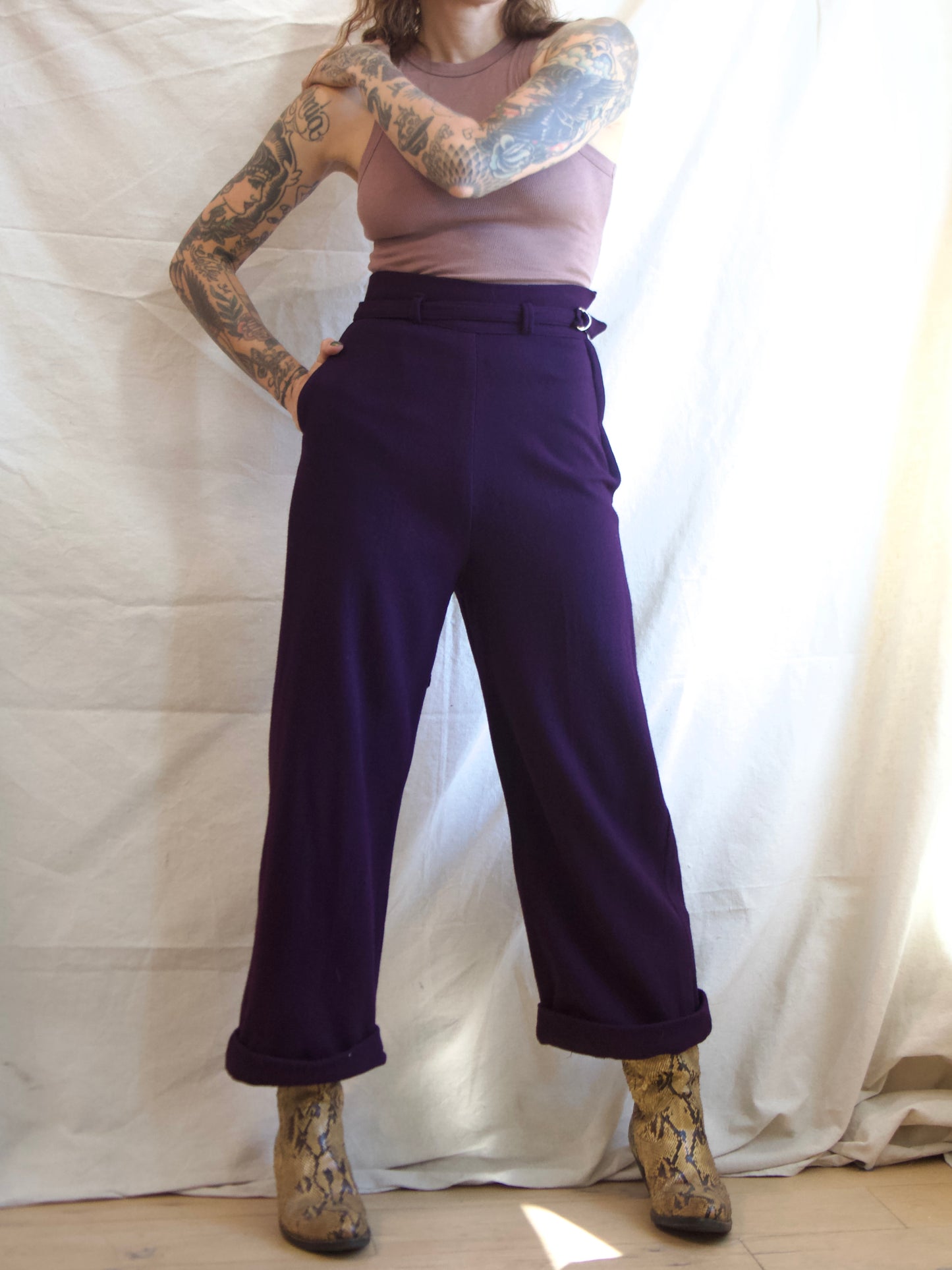 1940s Deep Plum Wool Flannel Side Button Belted Wide Leg Pants