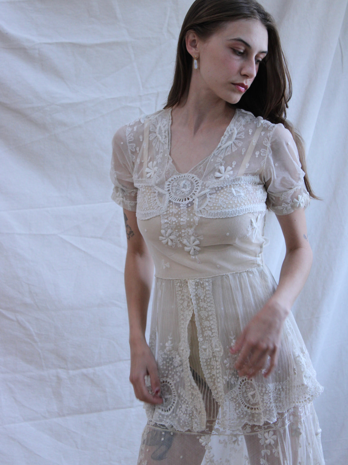 Antique Embroidered Tambour Lace Net Overlay Tea Length Gown