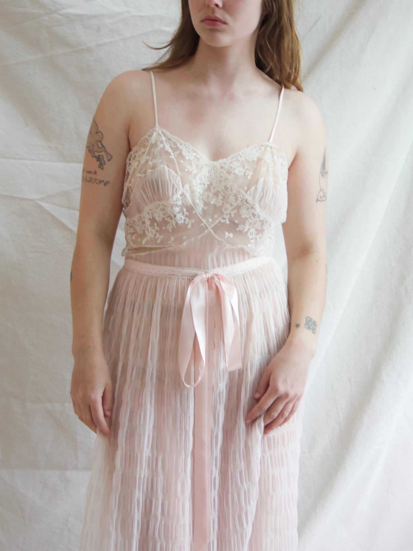 1940s I.Magnin Pale Pink Nylon & Lace Silk Satin Slip Dress