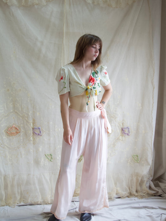 1940s Remade Piano Shawl Tie front Puff Sleeve Seafoam Blouse