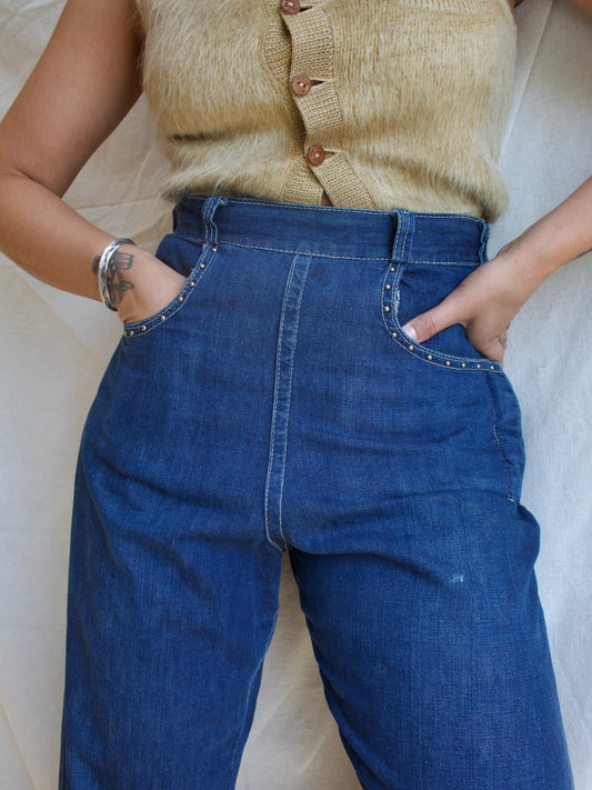 1950s Studded Dark Wash Side Zip Jeans
