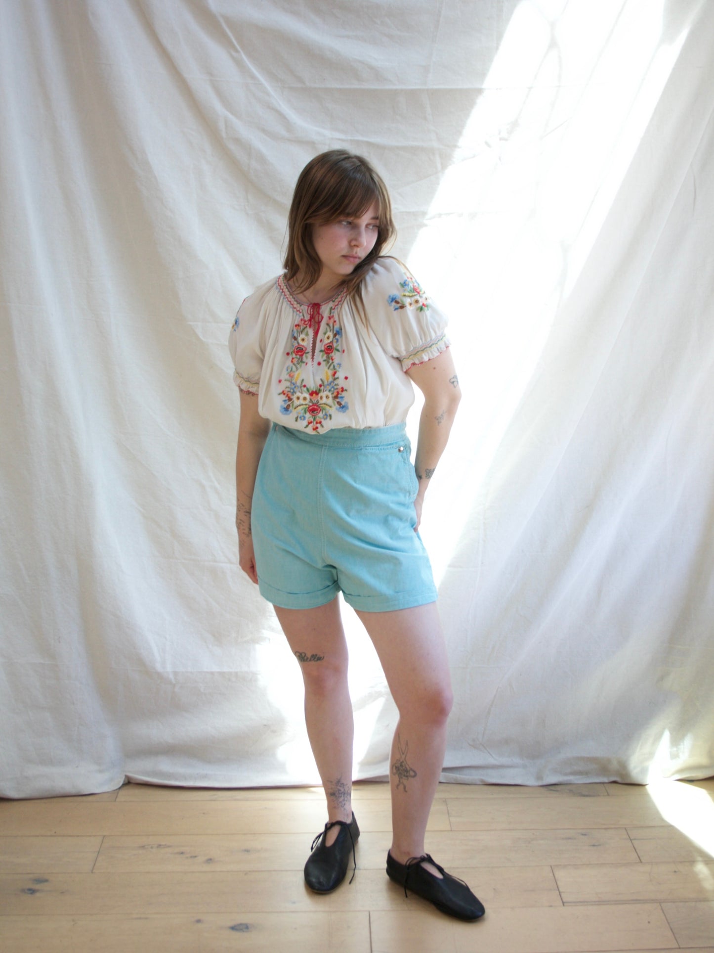 1930s Hand Embroidered Hungarian Silk Crepe Smocked Blouse