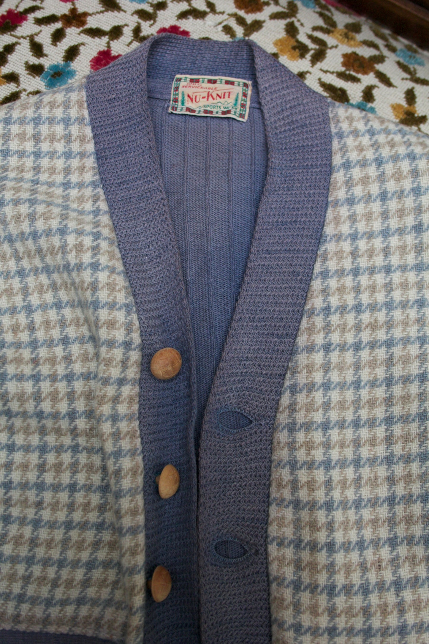 1940s 'Nu-Knit' Houndstooth Two Tone Wool Button Front Cardigan